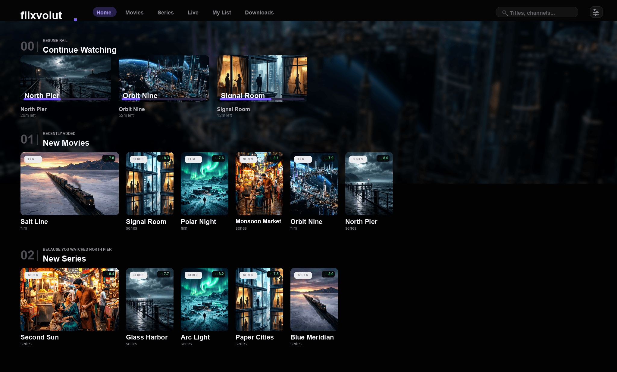 Flixvolut desktop library home: a featured title above poster rails, with continue-watching progress bars