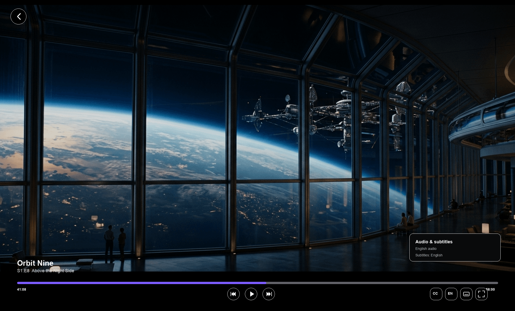 Player paused with the audio and subtitle selector open, showing four language tracks