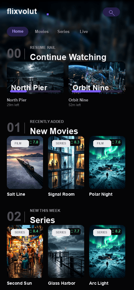 Flixvolut on iPhone: the library home with a featured title and poster rail